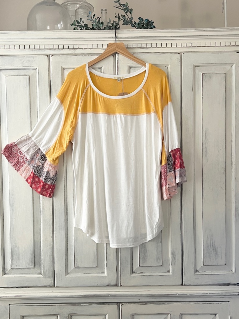 🟠NWT KORI 3/4 Ruffle Patchwork Sleeve Top in Mustard/White LARGE